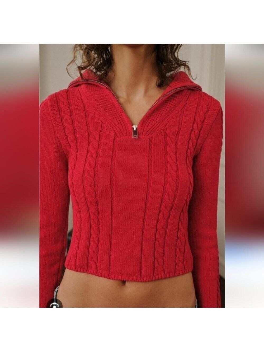 ZARA | RED CABLE KNIT JUMPER Half Zip Sweater HIGH NECK SIZE M